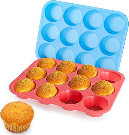 Bangp 12-Cup Silicone Muffin Pan with Metal Reinforced Frame,2 Pack Regular Size Cupcake Pan,Premium Non-Stick Bend Resistance Silicone Molds for Making Muffin,Cakes,Tart,Egg Bites (Red)