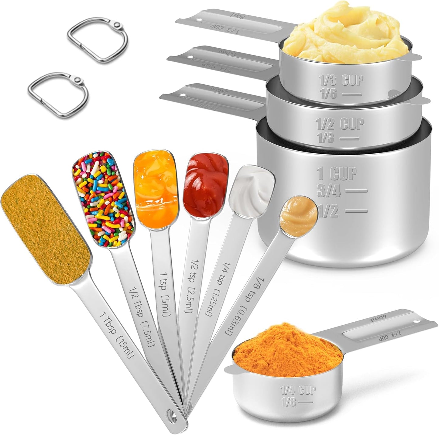 Magnetic Measuring Cups and Spoons Set, 5 Nesting Stainless Steel Measuring Cup Set with Easy to Read Markings, 7 Magnetic Measuring Spoons & 1 Leveler for Measuring Dry or Liquid Ingredients