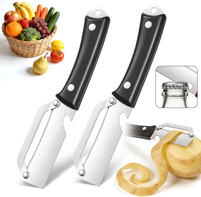 3-in-1 Stainless Steel Vegetable Peeler & Julienne Cutter with Bottle Opener - Multifunctional Kitchen Gadget for Fruits, Veggies, Camping & Daily Home Cooking(2-Pack) wooden