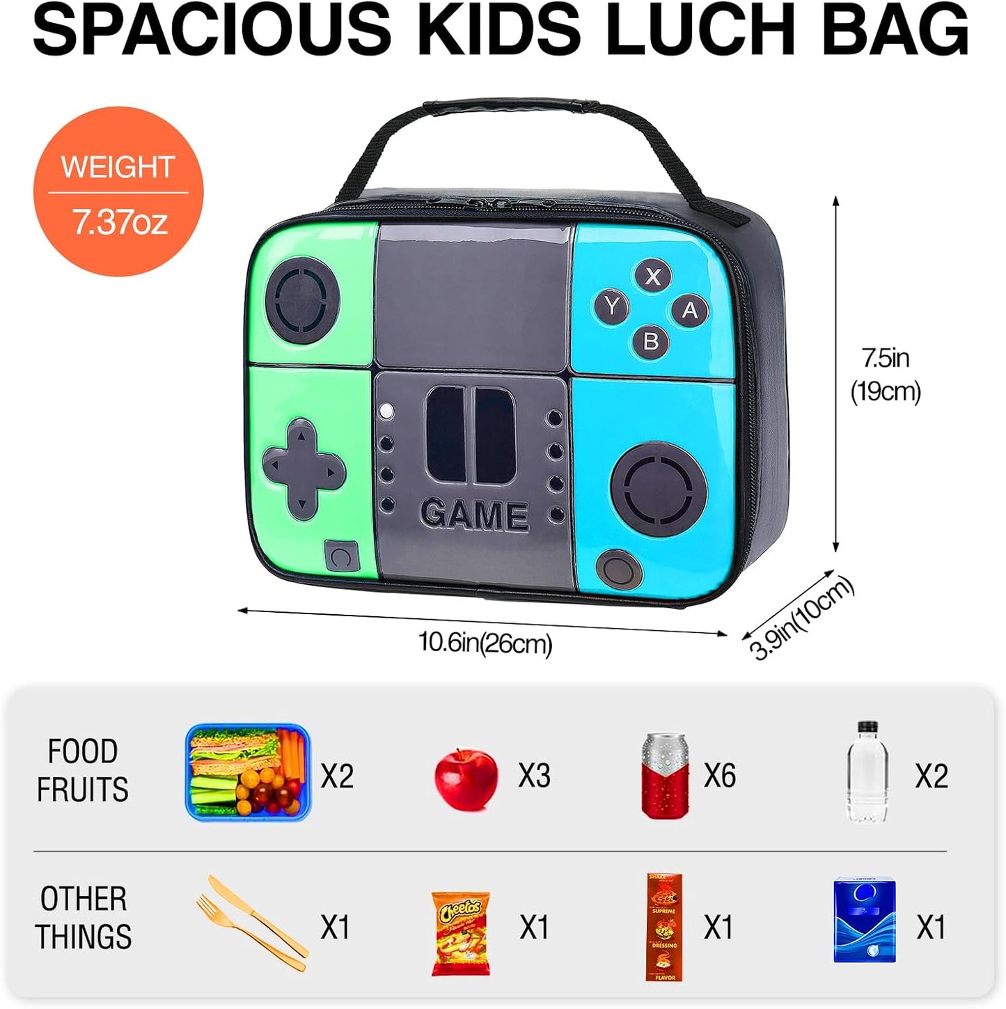 Kids Gamer Lunch Box for Boys, Game Console Insulated Lunch Bag, PU Leather Waterproof Lunchbox with Mesh Pocket, Durable Leakproof Lunch Tote Fits Bento Box for School