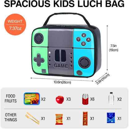 Kids Gamer Lunch Box for Boys, Game Console Insulated Lunch Bag, PU Leather Waterproof Lunchbox with Mesh Pocket, Durable Leakproof Lunch Tote Fits Bento Box for School