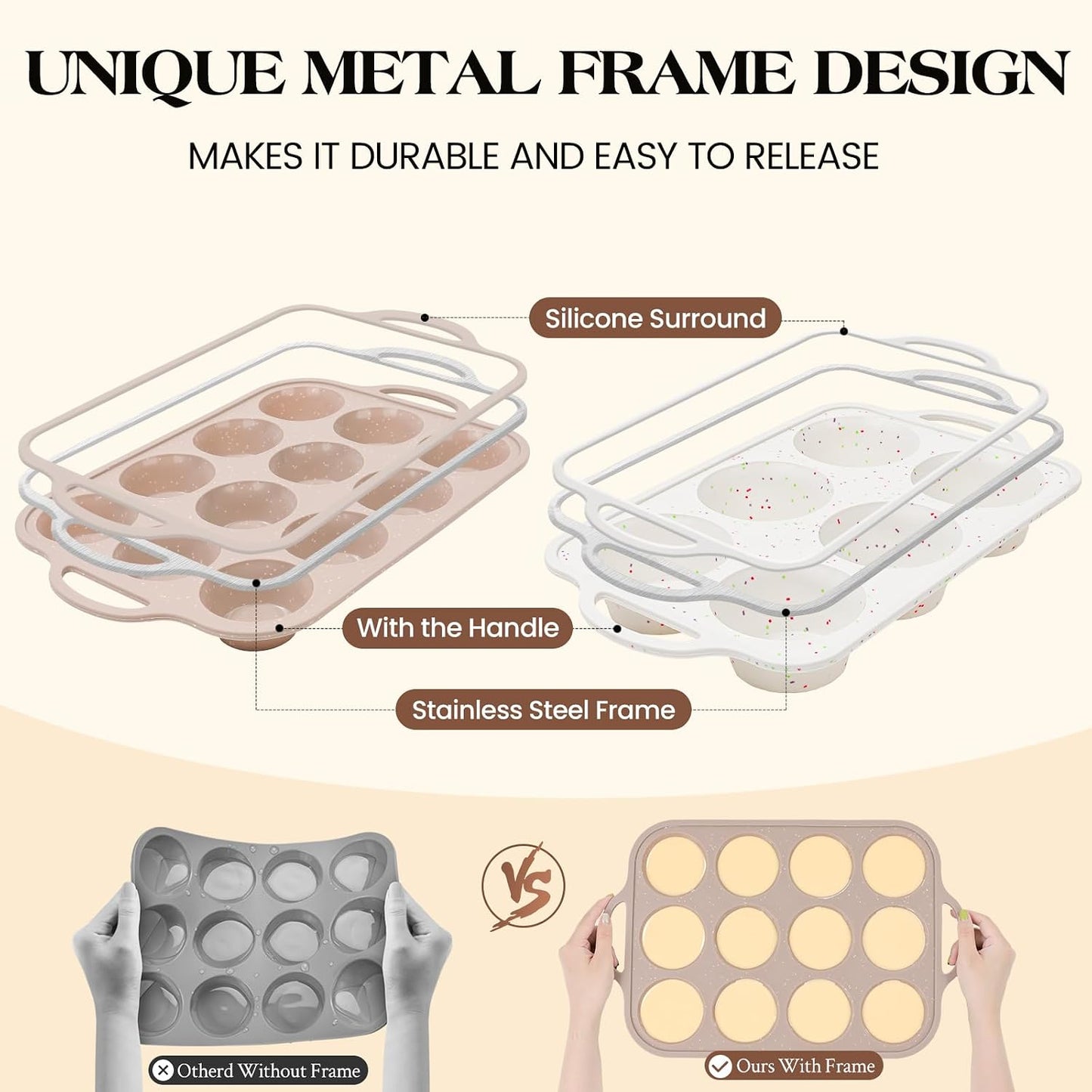 Vinino 2Pack Silicone Muffin Pans for Baking with Metal Reinforced Frame, 12 Cups Regular Size Nonstick Silicone Cupcake Pan, BPA Free Oven Dishwasher Safe Baking Mold for Muffins Cupcakes