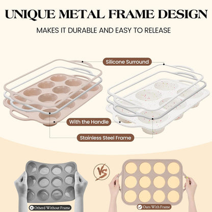 Vinino 2Pack Silicone Muffin Pans for Baking with Metal Reinforced Frame, 12 Cups Regular Size Nonstick Silicone Cupcake Pan, BPA Free Oven Dishwasher Safe Baking Mold for Muffins Cupcakes