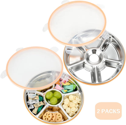 2 pcs Veggie Tray with Lid, Divided Serving Tray with Lid, Round Stainless Steel Serving Platter, Snackle Box Container with 7 Compartments