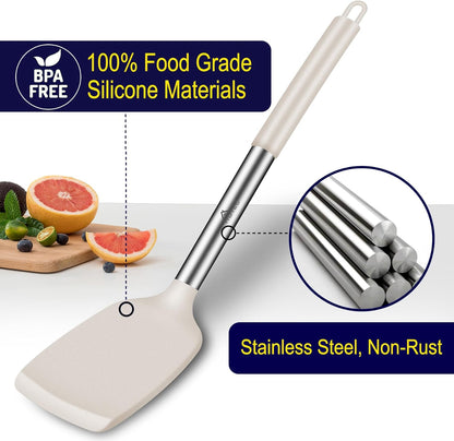 HOTEC Silicone Spatula Set of 2 Heat-Resistant 600°F & BPA-Free Kitchen SaptulaTurner with Stainless Steel Handles, Slotted & Solid Spatulas for Nonstick Cookware, 13.7 Inch, Classic Blue