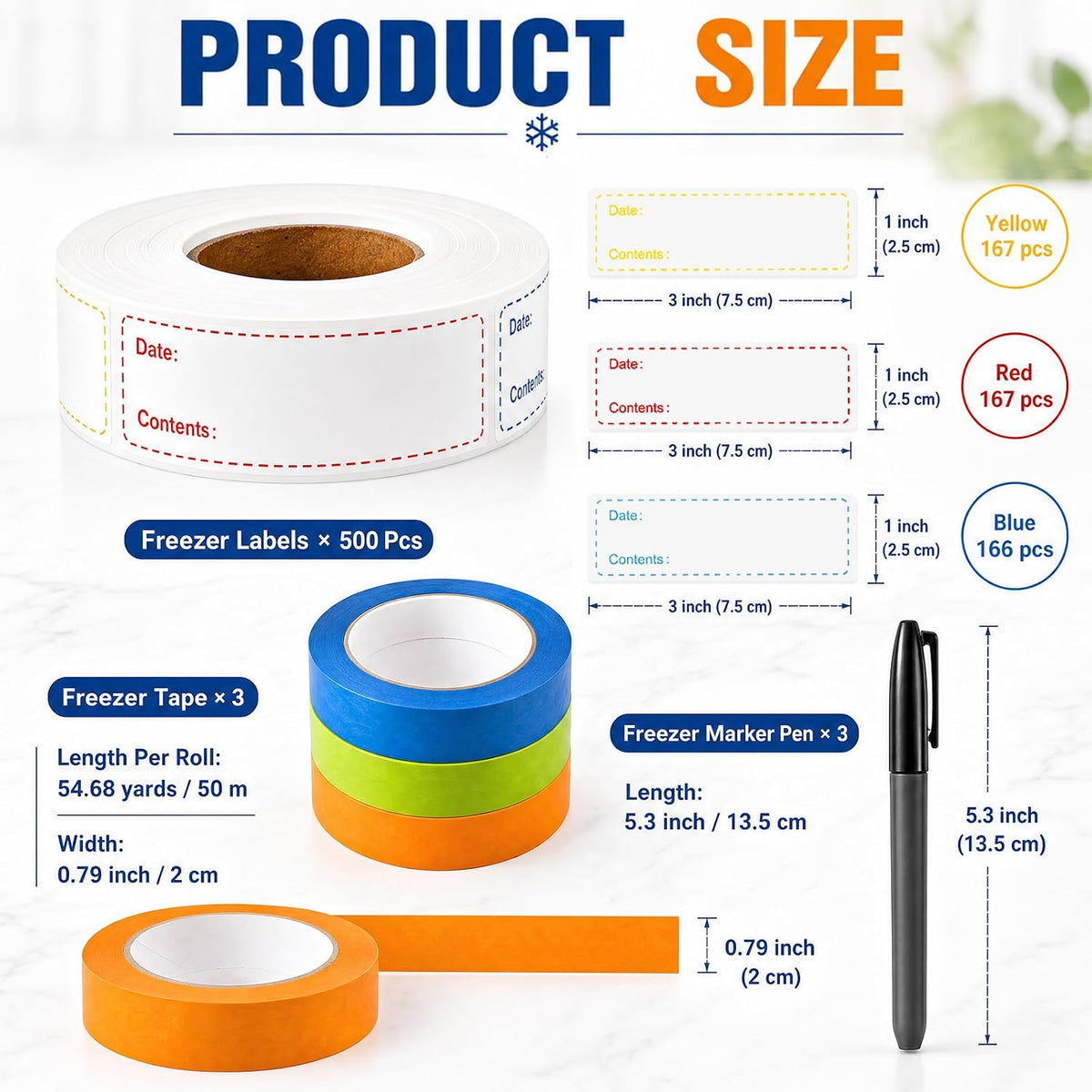 Resurhang Freezer Label Kit for Food Storage Includes 500 Pcs Waterproof Removable Food Labels 3/4 Inch x 55 Yd, 3 Rolls Masking Tape, 3 Marker Pens for Kitchens Refrigerator Meal Prep(White)