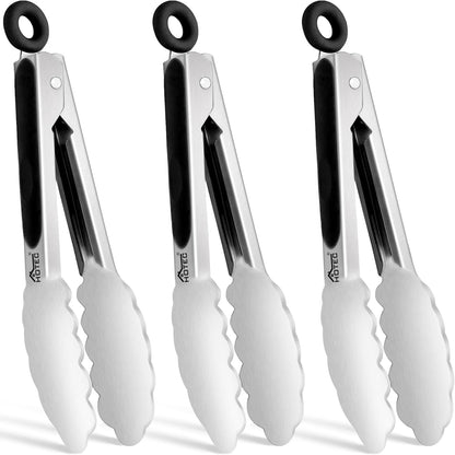Hotec Stainless Steel Kitchen Tongs, Set of 3-7", 9" and 12", Locking Metal Food Tongs for Cooking, Serving, BBQ, Grill with Non-Slip Grip