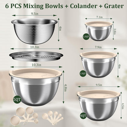 Mixing Bowls with Lids Set, 16PCS Stainless Steel Mixing Bowls,Nesting Storage Bowls for Kitchen with Mixing Bowls Set, Colander, Strainer & Grater , Metal Salad Bowl for Kitchen Gadgets , Cream