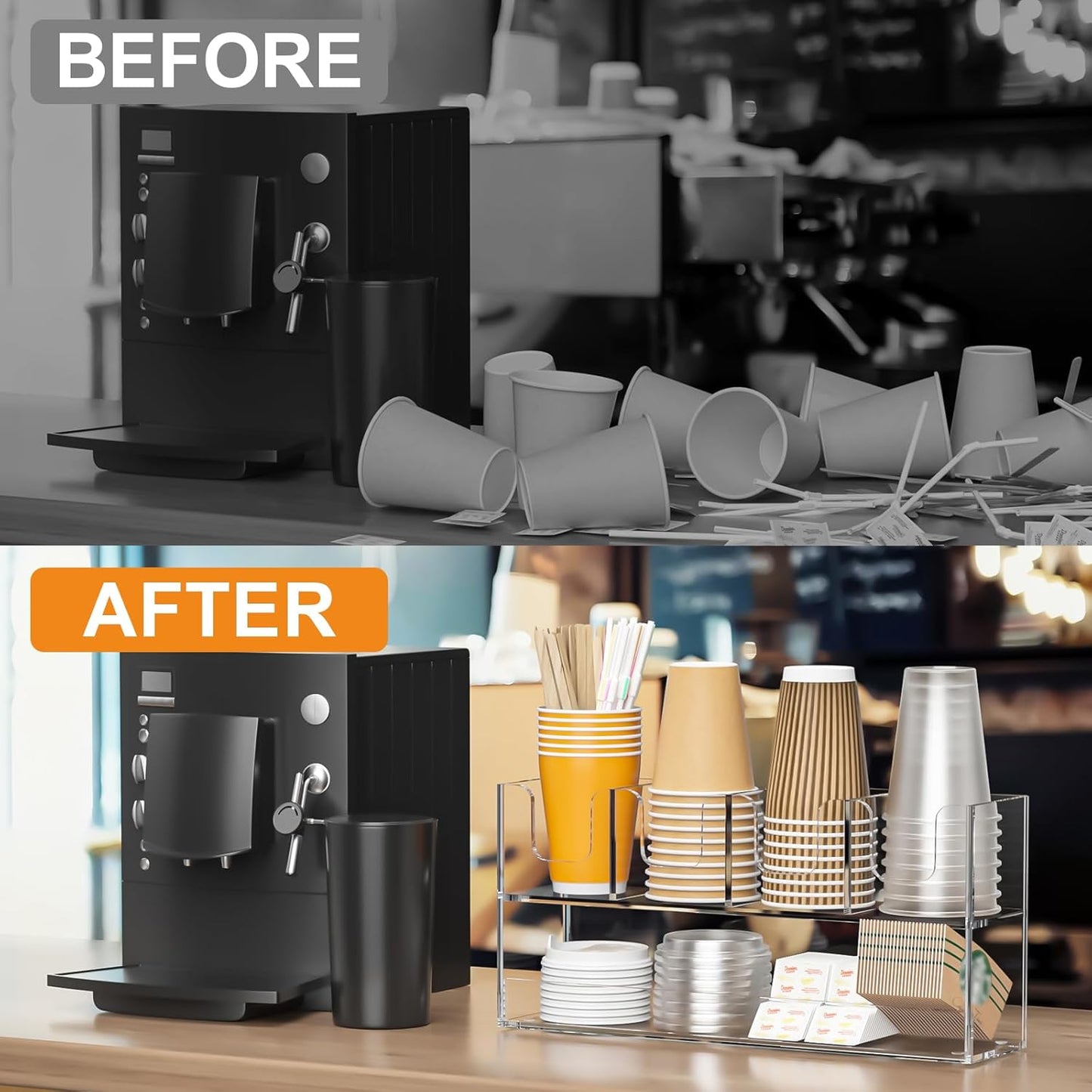 Beego 2-Compartment Cup Holder for Countertop - 2-Tier Clear Acrylic Cup Dispenser Coffee Station Paper Cup and Lid Organizer Condiment Storage for Restaurant Breakroom Kitchen Bar Accessories