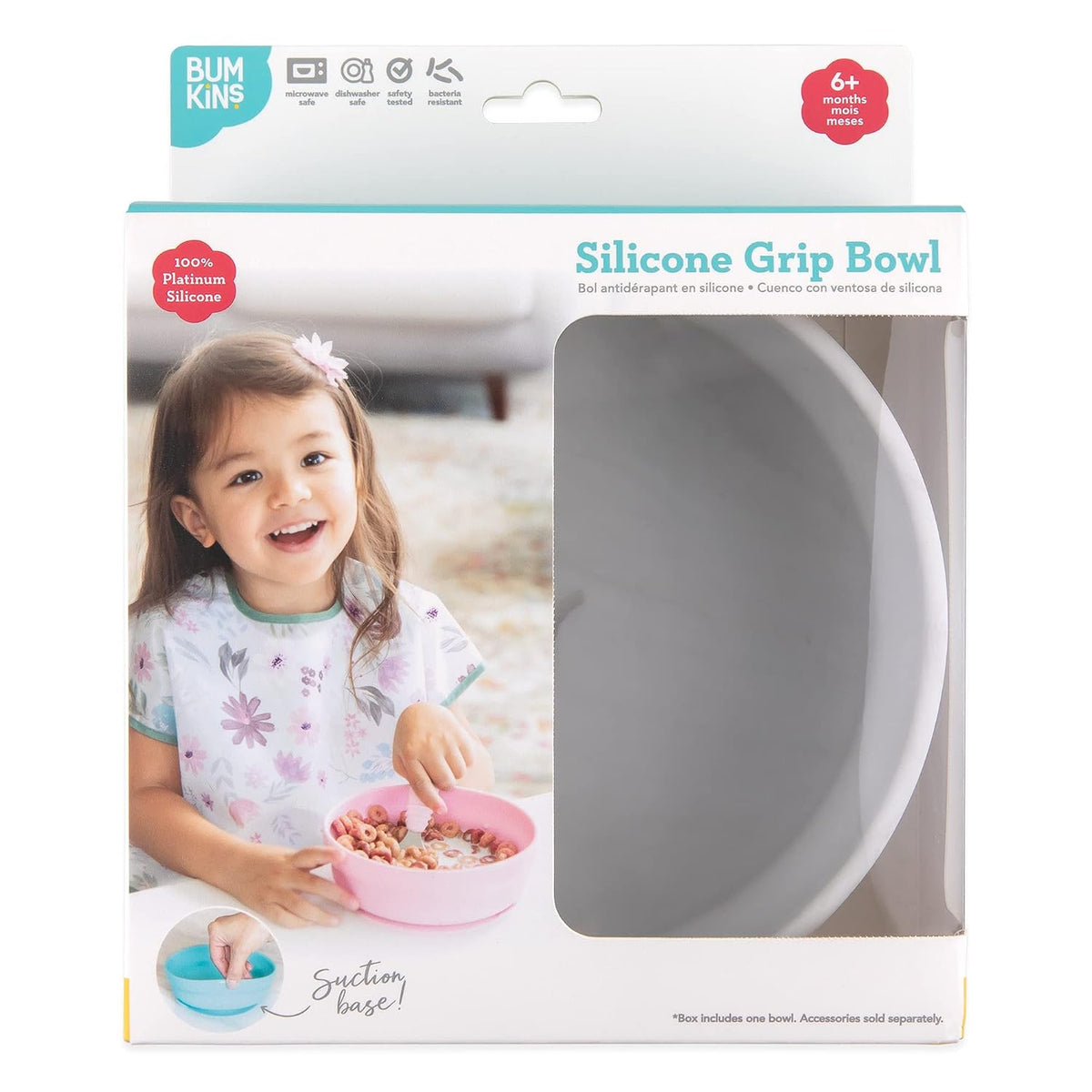 Bumkins Baby Bowl, Silicone Suction, for Babies, Toddlers and Kids, Baby Led Weaning, Feeding Essentials, Platinum Silicone, Non Skid Sticky Bottom, Supplies for Children Ages 6 Months Up, Gray