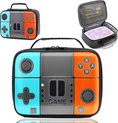 Kids Gamer Lunch Box for Boys, Game Console Insulated Lunch Bag, PU Leather Waterproof Lunchbox with Mesh Pocket, Durable Leakproof Lunch Tote Fits Bento Box for School