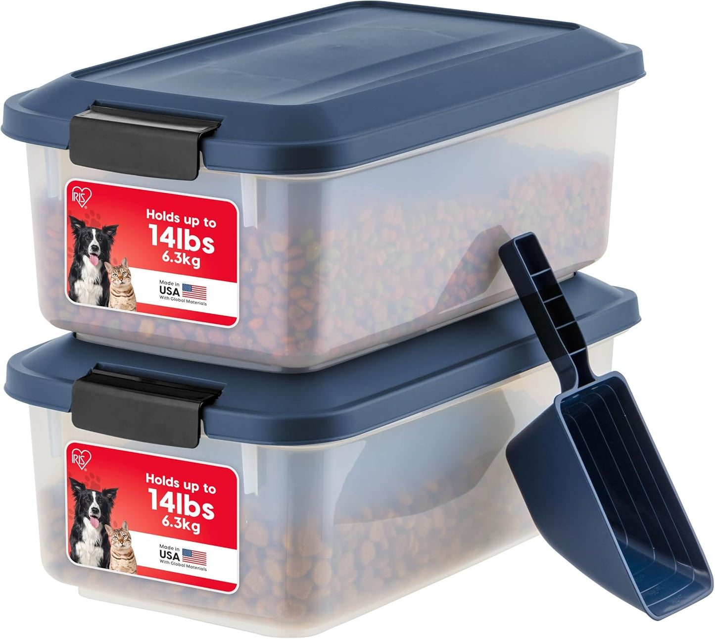 IRIS USA Dog Food Storage Container, 2 Pack, Up to 30 lbs Each, Airtight Seal for Freshness, Wheels for Rolling, Easy One Hand Opening, Made in USA, BPA Free, Clear/Black