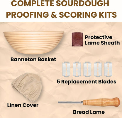 Banneton Sourdough Bread Proofing Basket, Premium AA-Grade, 9 Inch for Round, Boules Loaves, Vietnamese Banneton with Cloth Cover, Bread Lame Holder with 5 Blades (9.1 Inch)