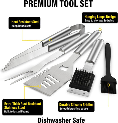 Yekale BBQ Grill Accessories Set, Grill Tools Grilling Accessories Grilling Gifts for Men - Spatula, Fork, Brush, Tongs & Cleaning Brush - Outdoor Barbecue Utensils Gifts for Men Dad Him (Sliver)