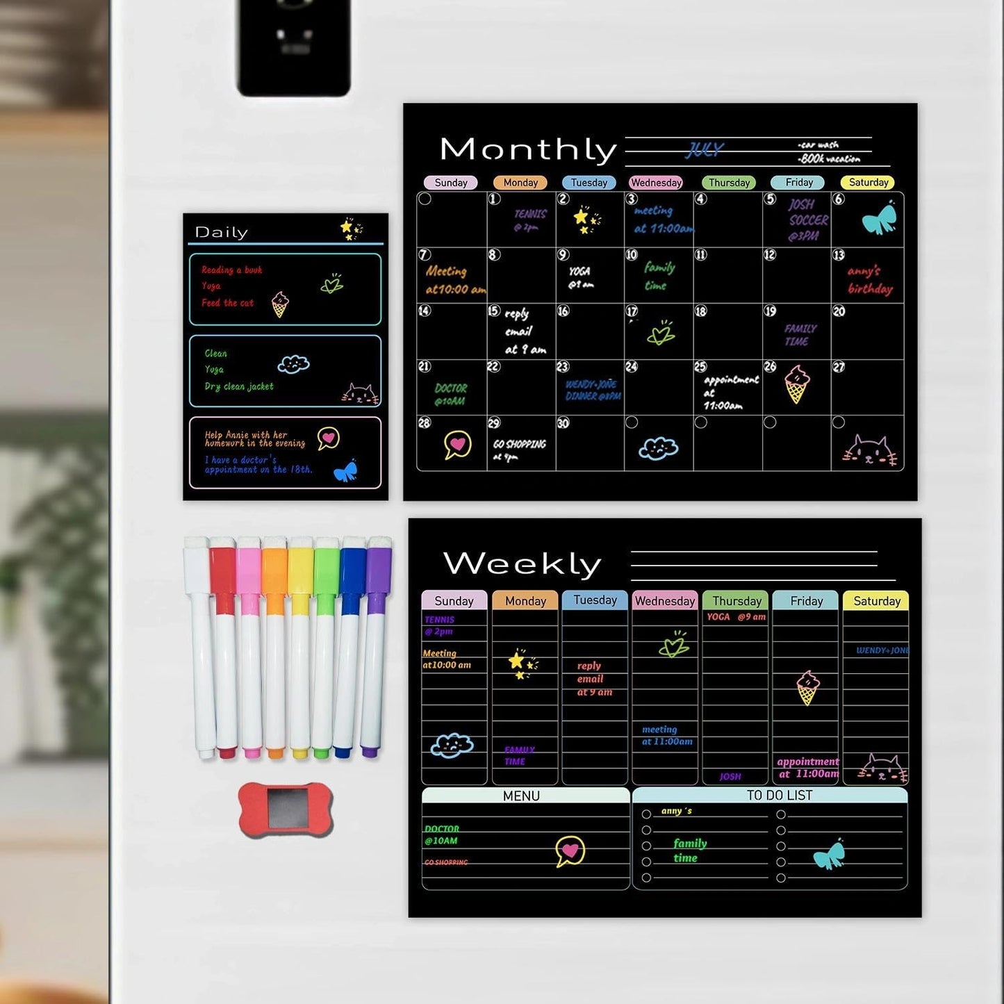 Hivillexun Black Magnetic Dry Erase Calendar for Fridge - 3 Pack Monthly, Weekly & Daily Planner Set (14"x11"), Includes 8 Neon Ultra-Fine Tip Markers & Large Eraser, Reusable Whiteboard for Kitchen
