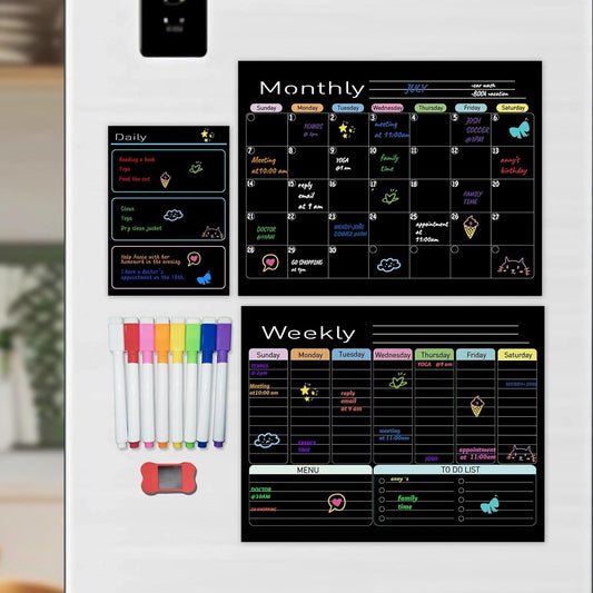 Hivillexun Black Magnetic Dry Erase Calendar for Fridge - 3 Pack Monthly, Weekly & Daily Planner Set (14"x11"), Includes 8 Neon Ultra-Fine Tip Markers & Large Eraser, Reusable Whiteboard for Kitchen