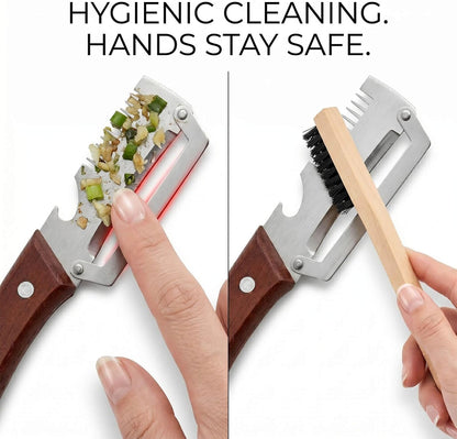 3-in-1 Stainless Steel Vegetable Peeler and Julienne Shredder | Wood handle, built-in bottle opener, cleaning brush included; compact tool for cooking, BBQ, camping, and meal prep.