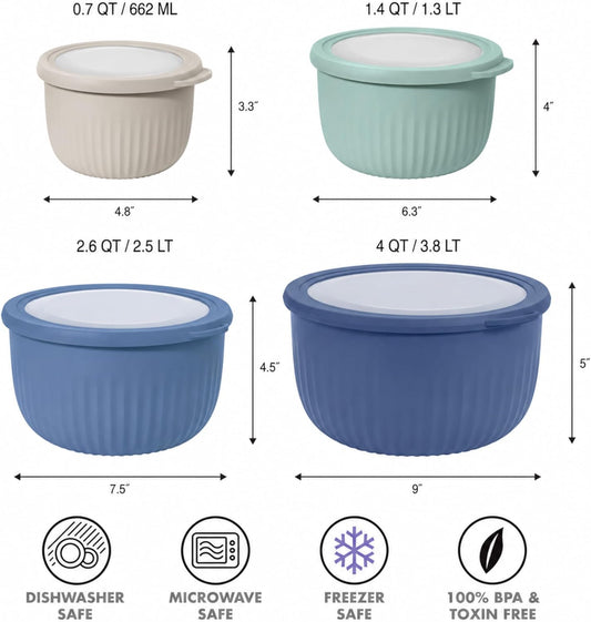 Oggi Set of 4 Prep, Store & Serve Plastic Bowls - w/See-Thru Lids- Dishwasher, Microwave & Freezer Safe, (0.7, 1.4, 2.6, 4 Quarts) - Multicolor