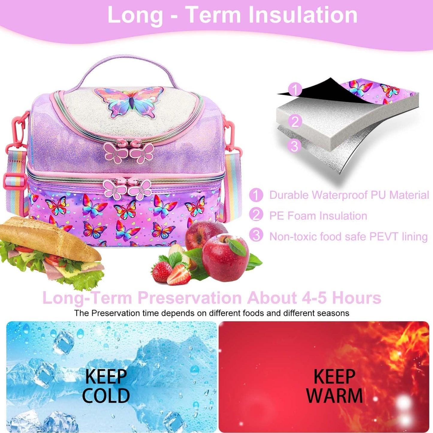 RHCPFOVR Kids Lunch Bag - Double - Decker Cooler Insulated Lunch Box for Boys Girls,Washable Lunch Bag with Strap and Reusable Toddler Lunchbox for School and Daycare