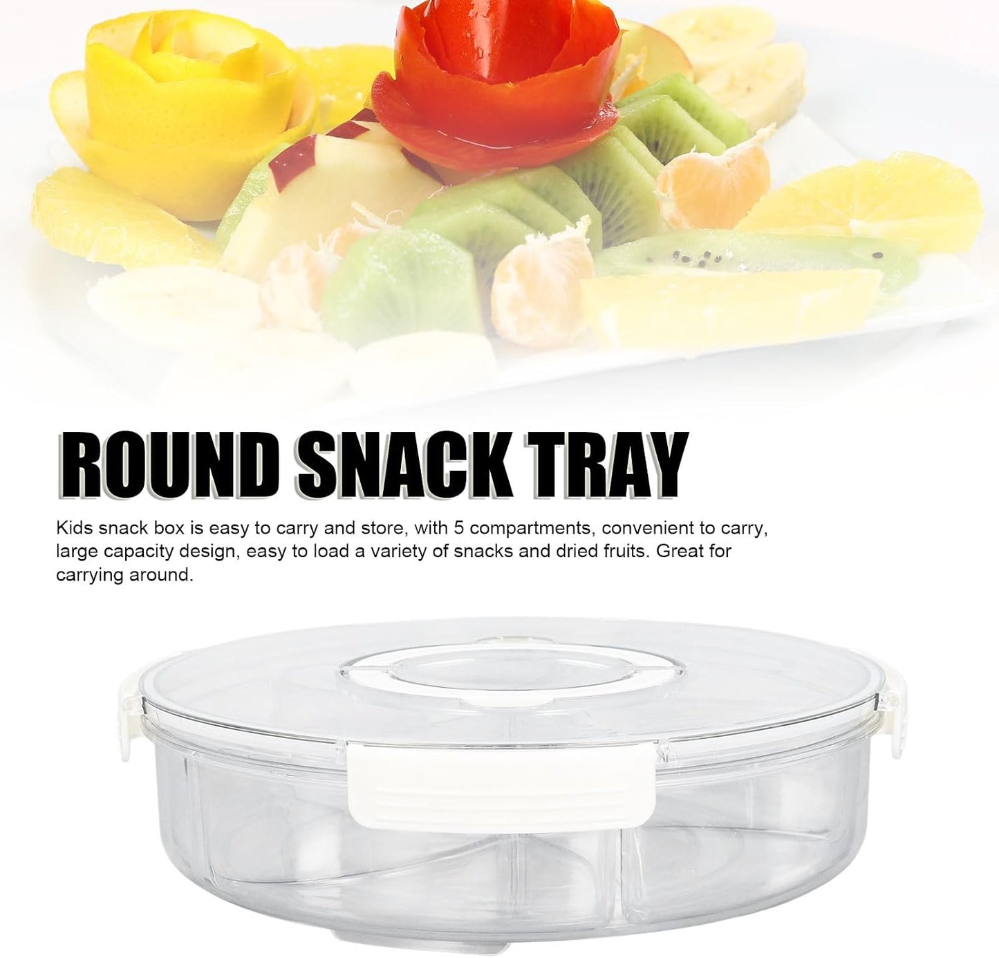 5 Grid Round Rotating Snack Box, Divided Food Storage Container With Lid & Handle, Multi - compartment Serving Tray for Fruit Nut Candy Snack Party Household Use (White)