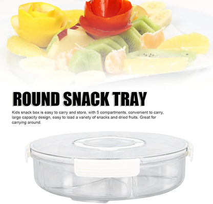 5 Grid Round Rotating Snack Box, Divided Food Storage Container With Lid & Handle, Multi - compartment Serving Tray for Fruit Nut Candy Snack Party Household Use (White)