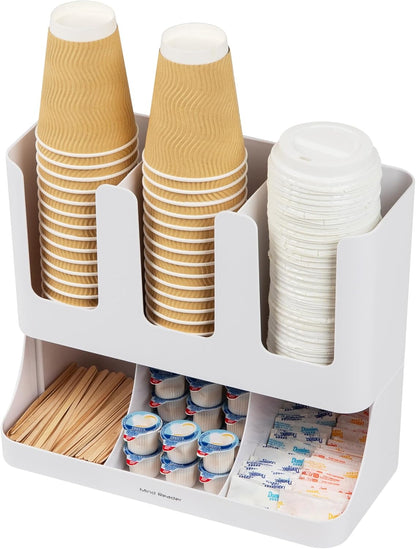 Mind Reader Cup and Condiment Station, 13 Inch Countertop Coffee Bar Organizer with 6 Compartments, Storage Caddy for Cups, Lids and Packets, Plastic, Black