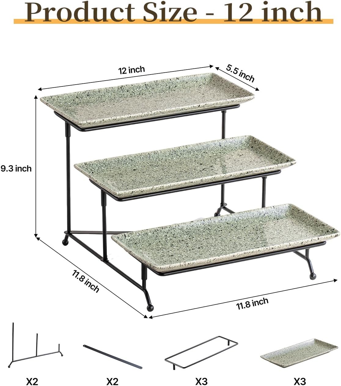 LAUCHUH 3 Tier Serving Tray, Porcelain Serving Platter Tier Serving Stand with Collapsible Sturdier Rack, Serving Trays and Platters Dessert Party Display Set for Father's Day, Gold, 12 Inch
