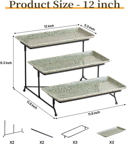 LAUCHUH 3 Tier Serving Tray, Porcelain Serving Platter Tier Serving Stand with Collapsible Sturdier Rack, Serving Trays and Platters Dessert Party Display Set for Father's Day, Gold, 12 Inch