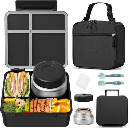 Kids Bento Lunch Box with Thermos, Leakproof Toddler Bento Box with 9 OZ Insulated Food Jar, Lunch Bag & Utensils 3 or 4 Compartment Container for School Girls Boys