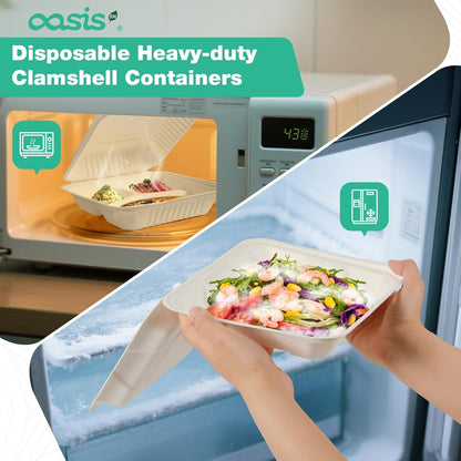 𝟴𝘅𝟴", 𝟲𝟴-𝗣𝗮𝗰𝗸 3-Compartment Clamshell Takeout Containers, 100% Compostable Heavy-Duty Disposable Paper Lunch Boxes(White)