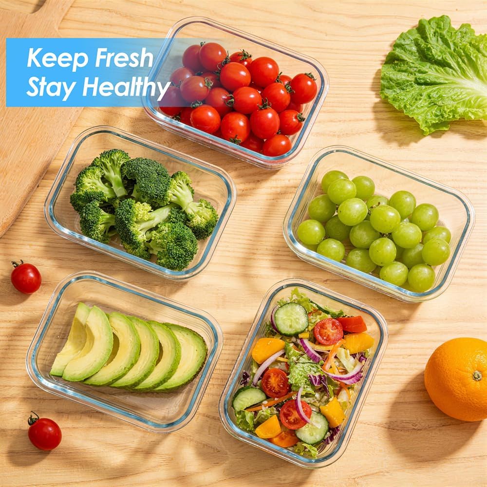 5-Pack 36oz Glass Food Storage Containers with Lids Airtight, Glass Meal Prep Containers Reusable, Leak-Proof Lunch Containers, BPA Free Borosilicate Glass, Microwave Oven Freezer Dishwasher Safe