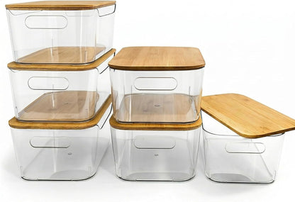 CiWiVOKi 6 Pack Clear Stackable Storage Bins with Bamboo Lids, 3.7L BPA-Free Plastic Organizer Containers with Handles, for Pantry, Kitchen, Fridge, Bathroom, Cabinet & Closet Organization