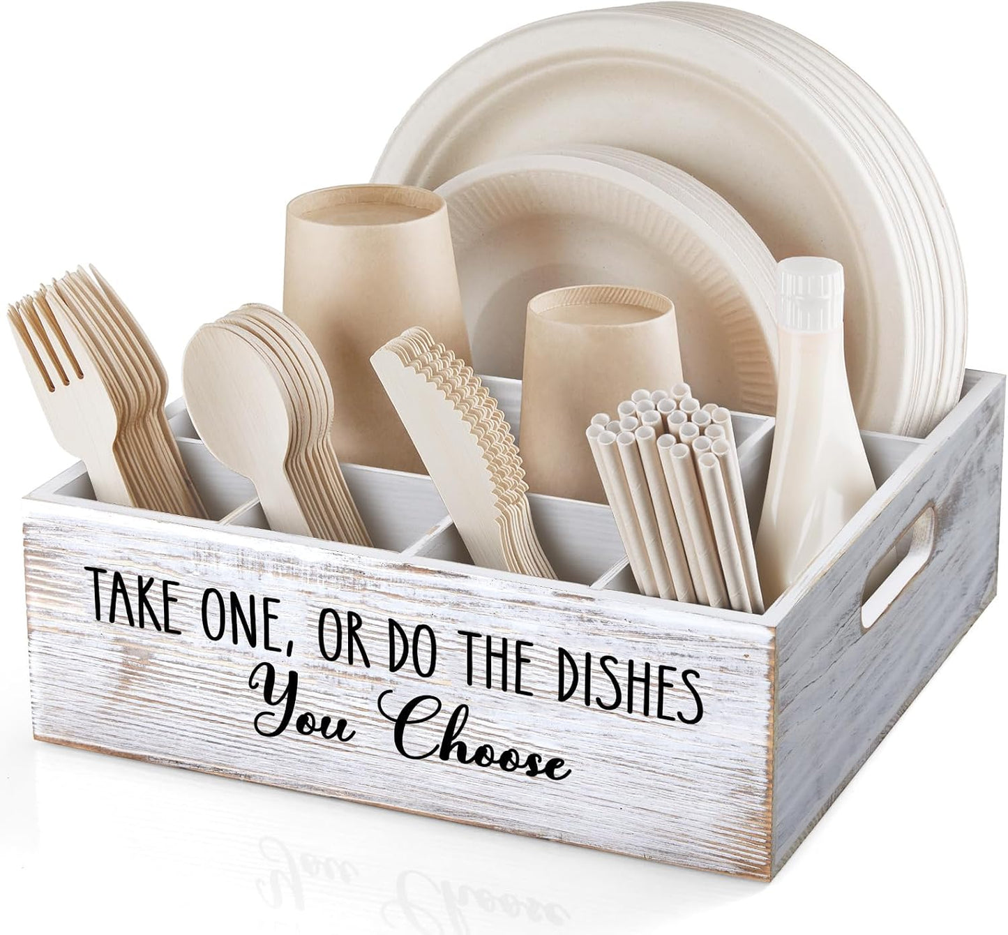 ALELION Acacia Wood Utensil Holder for Party - Paper Plate Organizer for Countertop - Silverware Caddy with 6 Compartments for Plate, Cup, Fork, Spoon - Cutlery Holder for Kitchen Camping Buffet