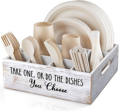 ALELION Acacia Wood Utensil Holder for Party - Paper Plate Organizer for Countertop - Silverware Caddy with 6 Compartments for Plate, Cup, Fork, Spoon - Cutlery Holder for Kitchen Camping Buffet