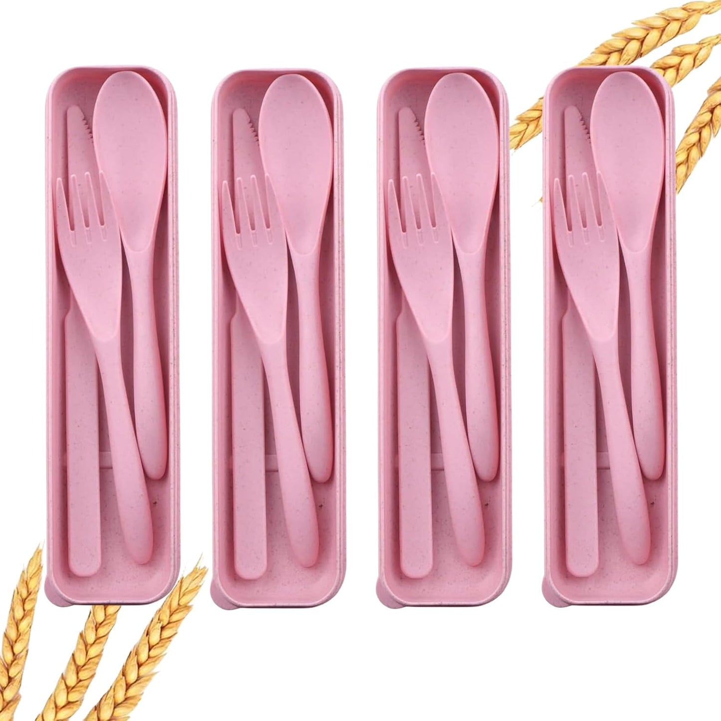 2 Pack Travel Utensils Set with Case, Wheat Straw Reusable Cutlery Set, Portable Spoon Knife Fork Tableware for Lunch Box, Picnic, Camping, Office, BPA Free for Adults Kids