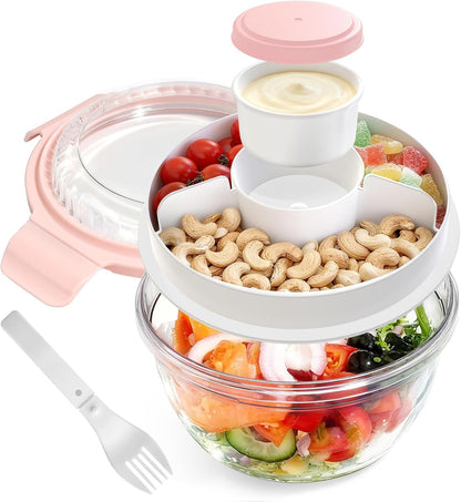 WHALEHOUSE Clear Eco-friendly SK chemicals ECOZEN Salad Container, 33OZ Portable Plastic Salad Bowls with Lid & Snack Tray, Leak-Proof Dressing Container, Reusable Fork, Lunch Box for Meal Prep (Pink)