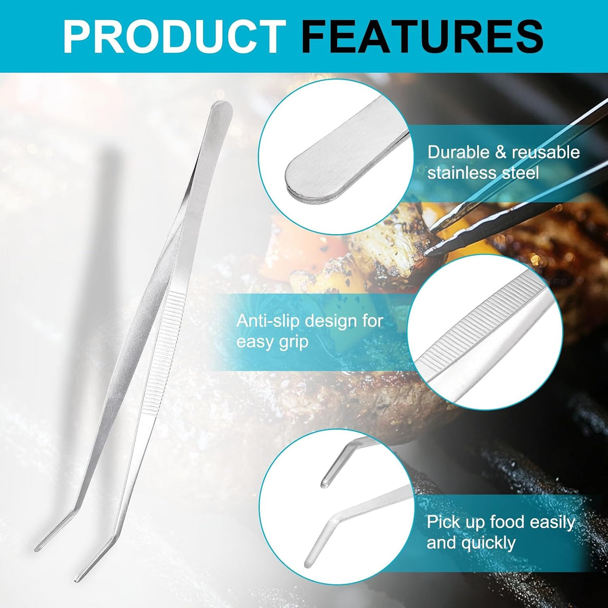 uxcell Kitchen Tweezers Stainless Steel, 8 Inch Food Tongs Fine Cooking Tweezers Set Extra-Long Tweezer Tongs for Cooking Grill Baking BBQ, Black Bend Clip
