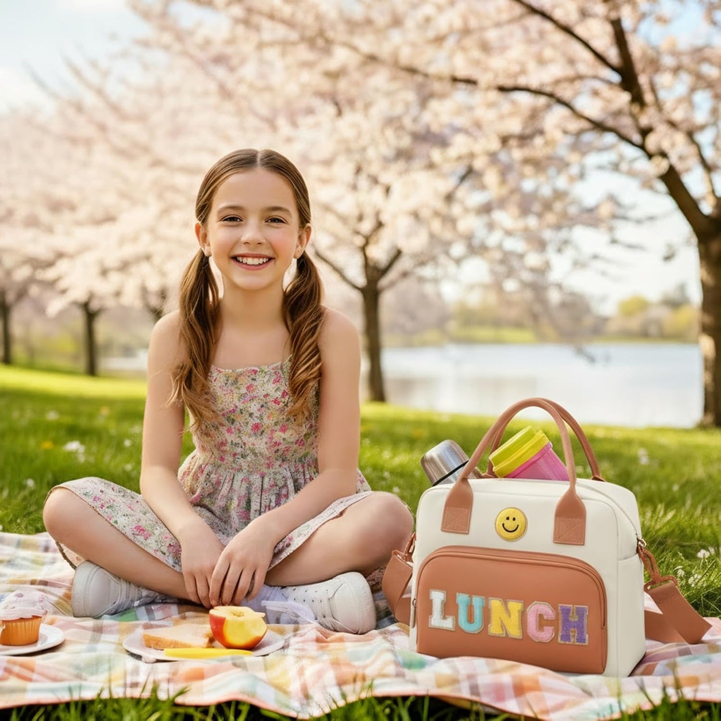 RLGPBON Insulated Lunch Bag Teen Girls, Preppy Lunch Box Large Insulated Lunch Bag Reusable Lunch Tote Bag, Preppy LunchBag for Girls School Travel Picnic