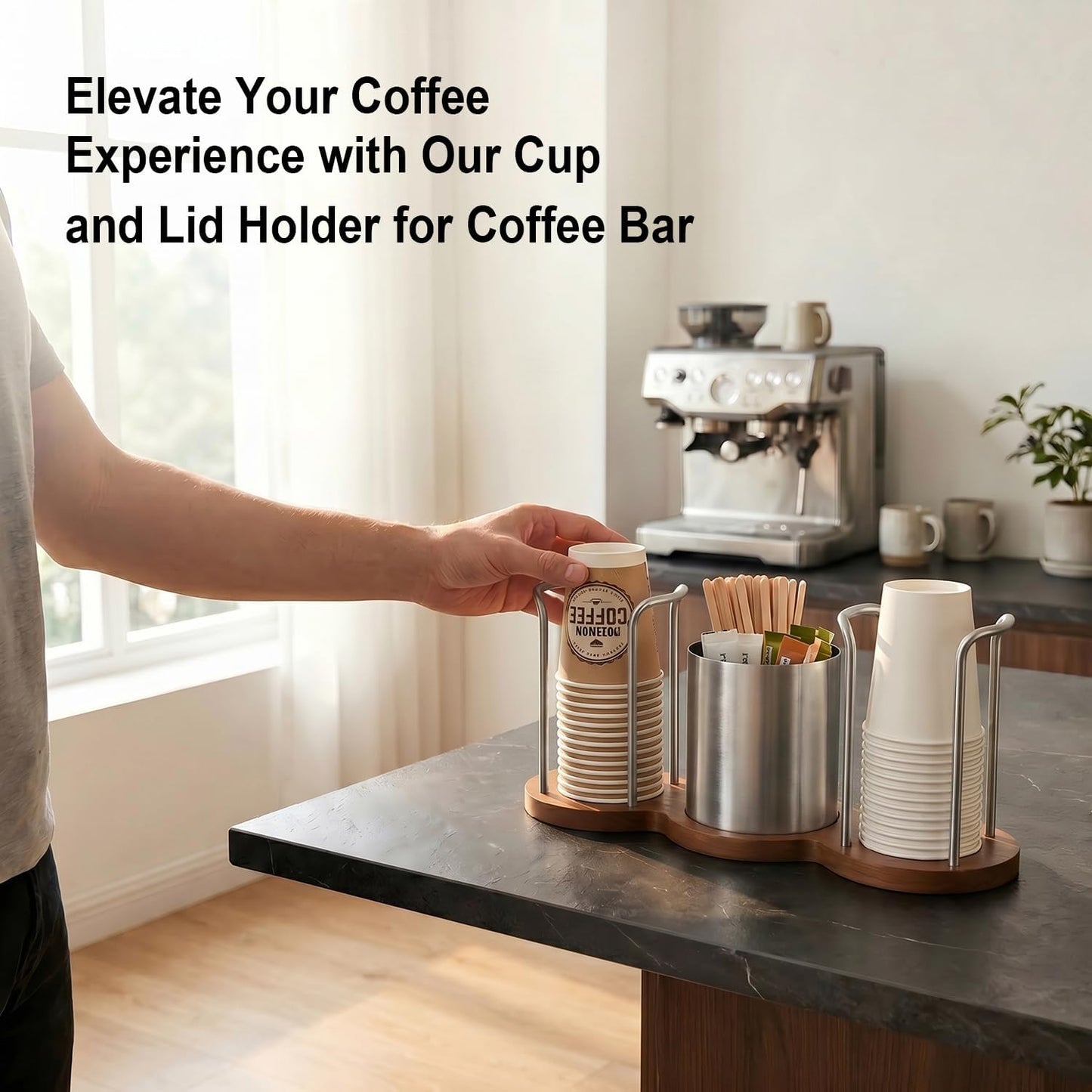 GOYLSER Coffee Station Organizer with Straw & Stirrer Storage Caddy for Cups Lids, Disposable Paper Cup Holder Cup Organizer for Coffee Bar, Office, Home Kitchen, Gold