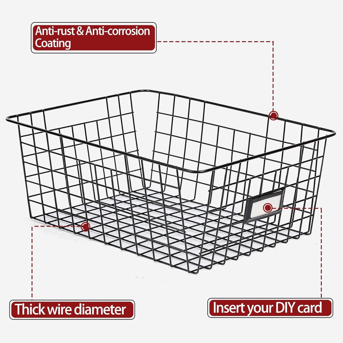 8 Set, Extra Large Wire Baskets for Organizing with Lables, Cabinet Pantry Organization and Storage Bins - Metal Basket for Kitchen, Laundry, Garage, Fridge, Bathroom Countertop Organizer, Black