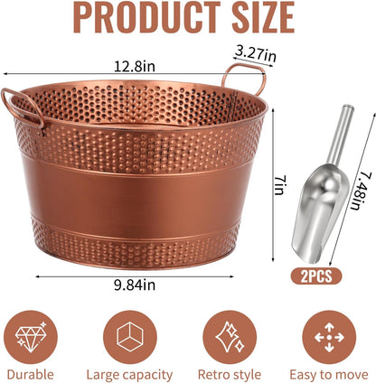 Galvanized Tub Ice Bucket, Retro Large Capacity Round Beverage Tub with Handles to Chill Drinks, Metal Galvanized Drink Buckets for Barbecue, Parties & Weddings