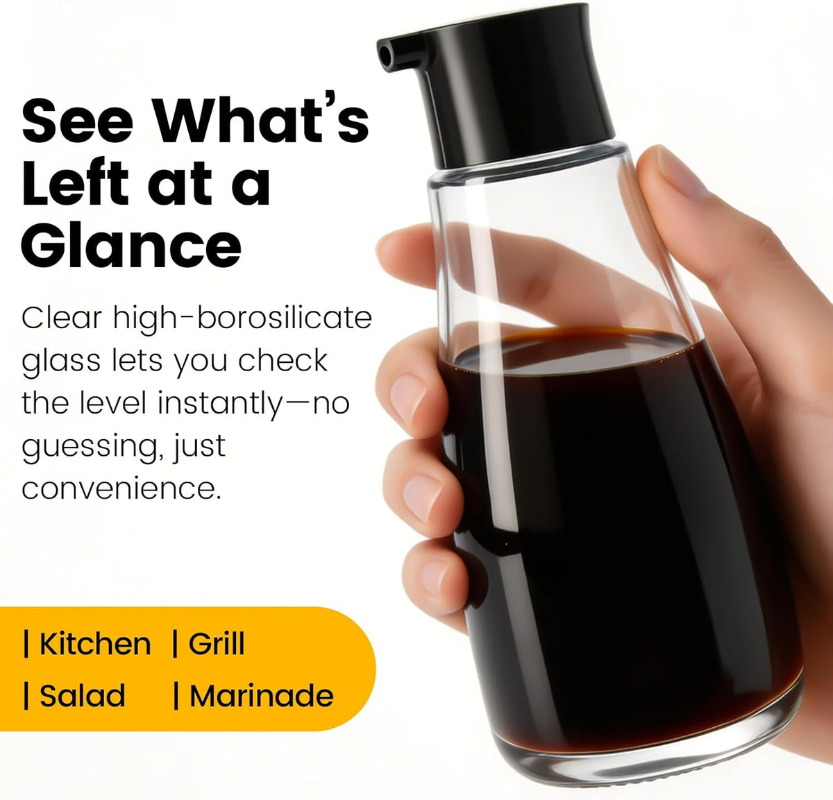 Glass Soy Sauce Dispenser Bottle, 10 oz Leak-Proof Oil & Vinegar Cruet, Multi-Purpose Clear Glass Container with Spout for Olive Oil, BBQ Sauce, Kitchen Cooking and Table Use