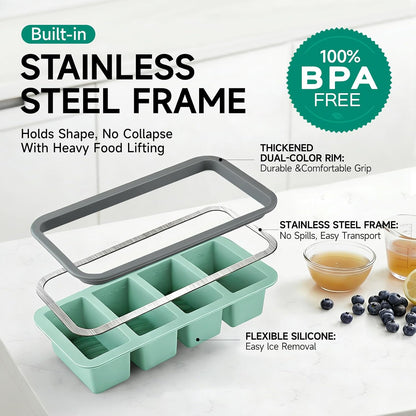 Tvmania 2-Pack Silicone Freezer Tray with Lid - 1 Cup / 4 Compartment Soup Freezer Container for Broth, Sauce & Meal Prep - Large Ice Cube Tray for Whiskey - Stackable, Easy Release, Oven Safe