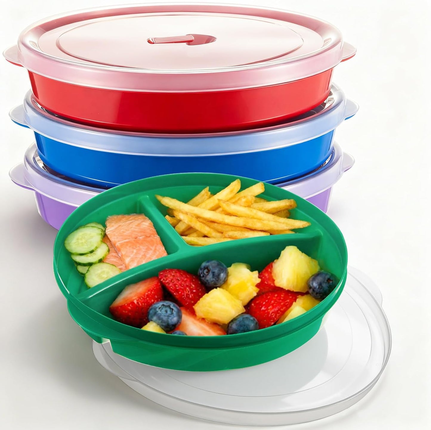 Hushee 4 Pcs Microwave Food Storage Tray Containers with Ventilation Lids 3 Compartment Divided Plates Portion Plate Fits Microwave Fridge(Rectangle,Mixed Colors,10.04 x 6.38 x 2.24 Inch)