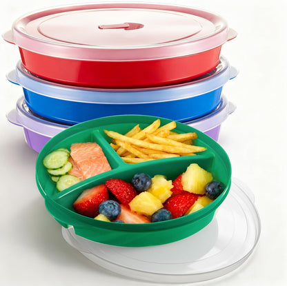 Hushee 4 Pcs Microwave Food Storage Tray Containers with Ventilation Lids 3 Compartment Divided Plates Portion Plate Fits Microwave Fridge(Rectangle,Mixed Colors,10.04 x 6.38 x 2.24 Inch)