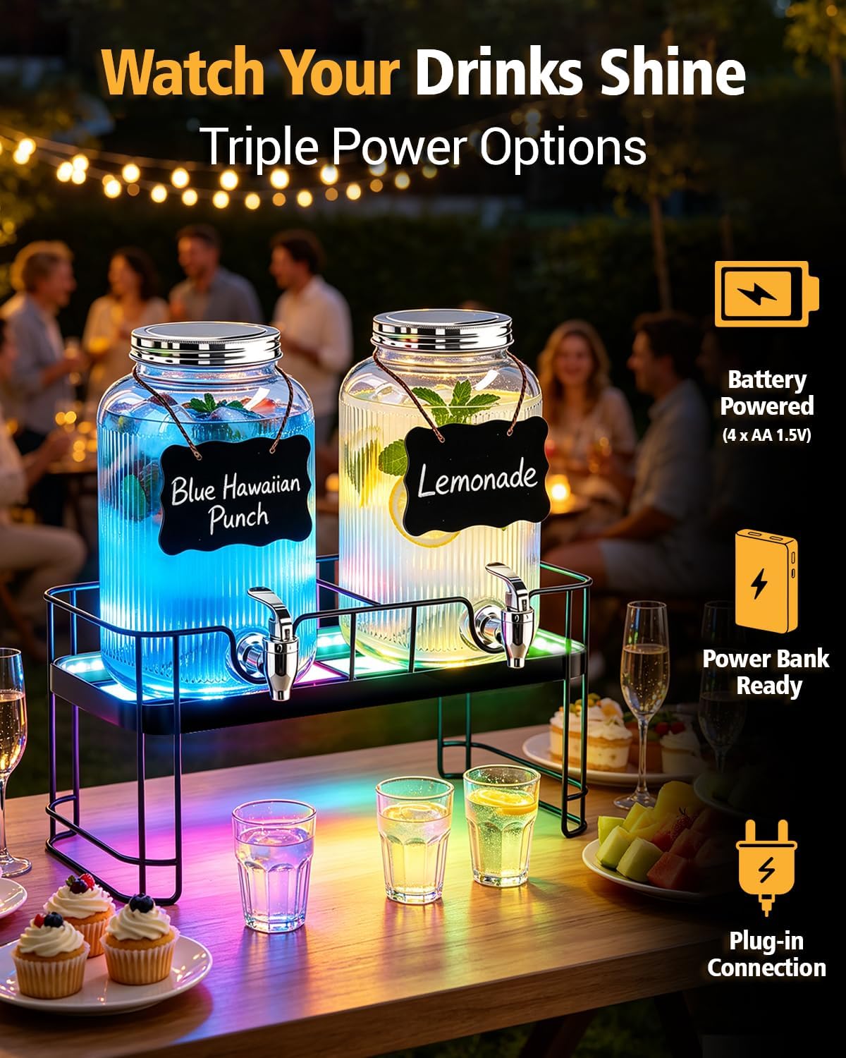 PAROTO Drink Dispensers for Parties, 2 Pack 1 Gallon Glass Beverage Dispenser with Stand and LED Strip Light, Lemonade Juice Water Dispenser with Spigot for Wedding Bar Picnic BBQ Buffet Event