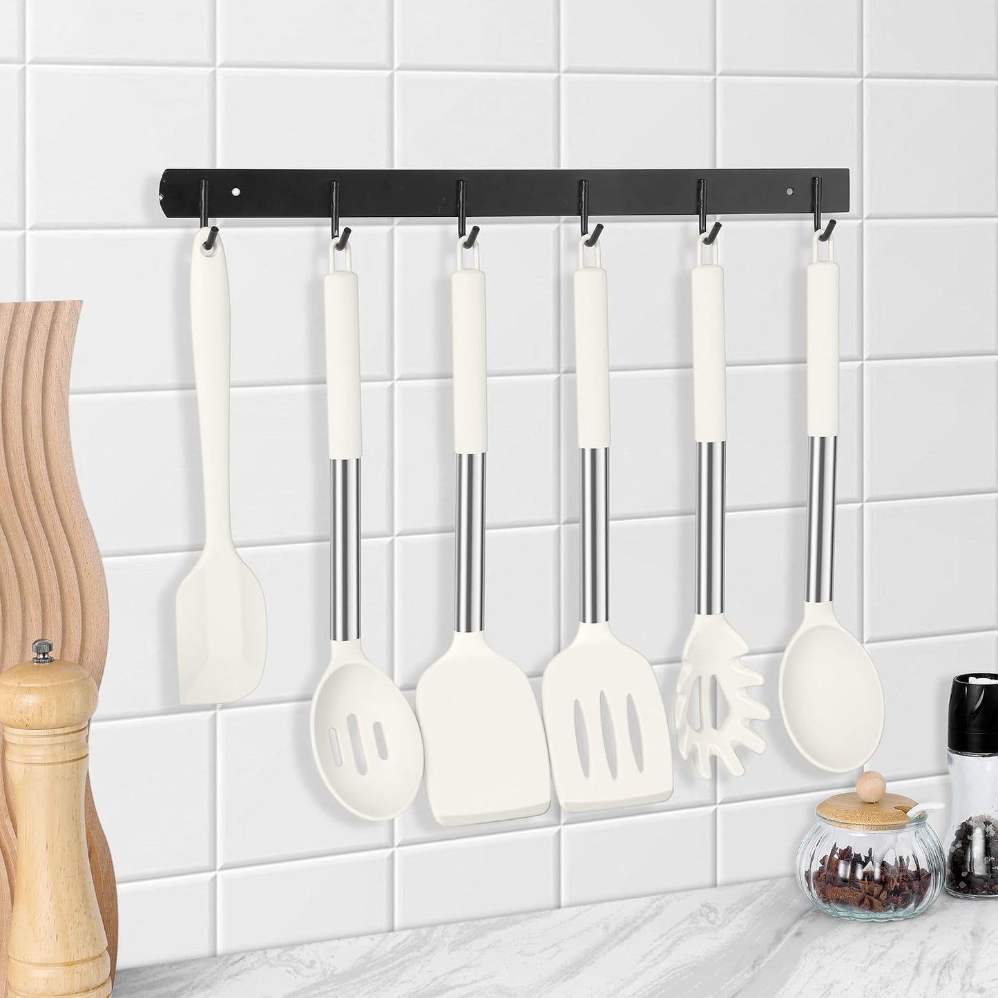 LIANYU 15 Pcs Kitchen Cooking Utensils Set with Holder, Silicone Kitchen Tools with Stainless Steel Handle, Heat Resistant Gadgets, Brush Spatula Spoon Whisk for Cookware, Dishwasher Safe, Khaki