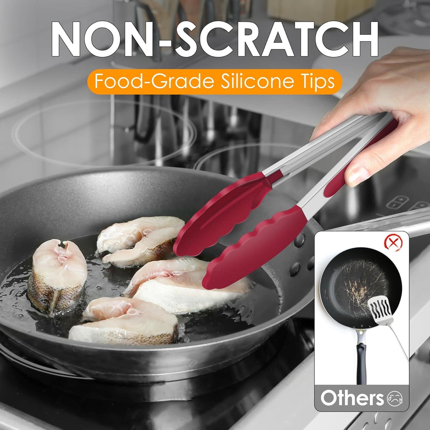 HOTEC Premium Stainless Steel Locking Kitchen Tongs with Silicon Tips, Set of 2-9" and 12"