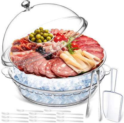 Baderke 11.8" Chilled Serving Tray for Parties with Compartments and lid Ice Chilled Party Platter Charcuterie Serving Board Cold Dish Dip for Fruit Seafood Vegetable Shrimp Cocktail(Silver,2 Pcs)