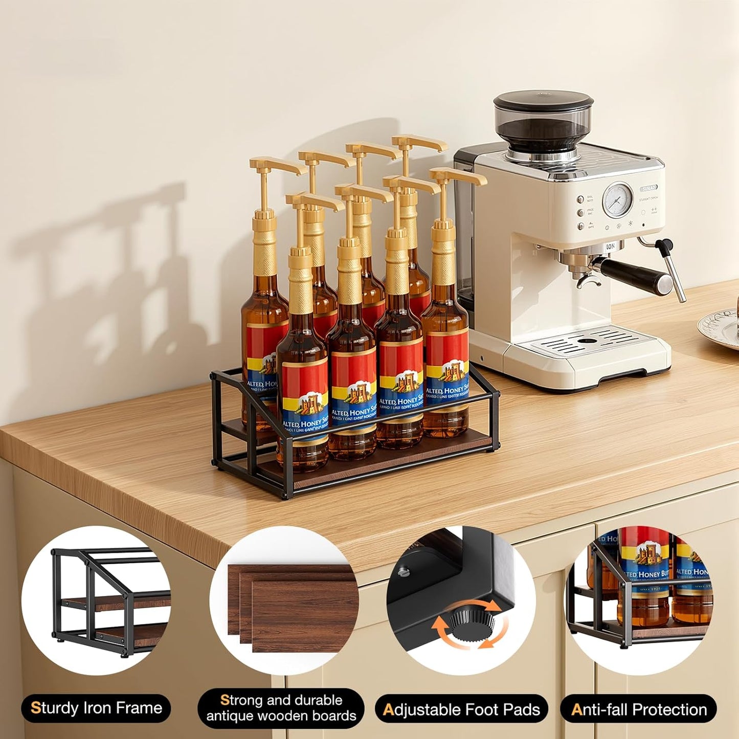 kimilus Coffee Syrup Organizer Rack, Liquor Bottle Display Shelf, 2 Tier 10 Syrup Bottles Holder Stand for Coffee Bar Kitchen Small Wine Rack for Family Storage for Syrup Wine Dressing